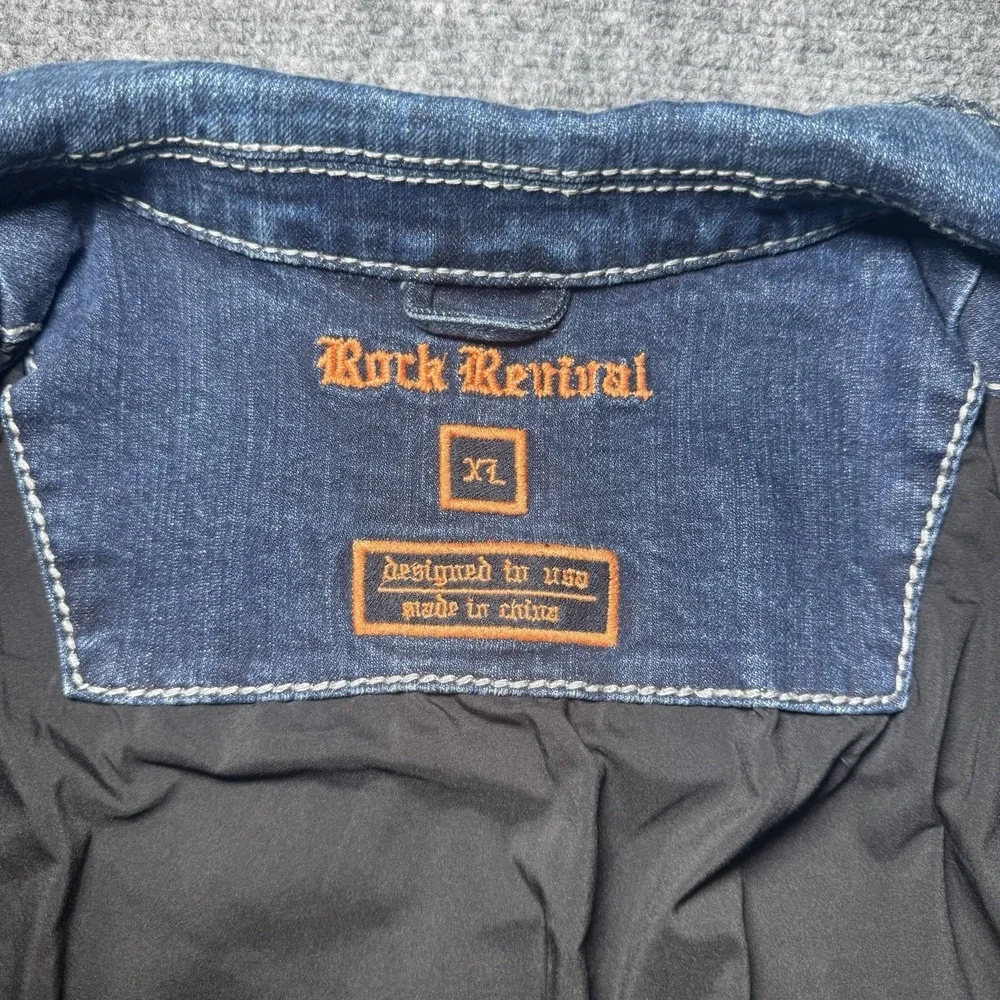 Rock Revival Men XL Jacket Blue Faded Denim Collar Grunge Y2K Biker Distressed